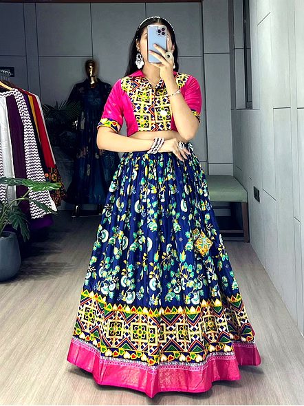 Soft Silk Lehengas with Gamthi Work and Real Mirror-Navy Blue-1