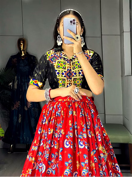 Soft Silk Lehengas with Gamthi Work and Real Mirror-GRTN8052_Red