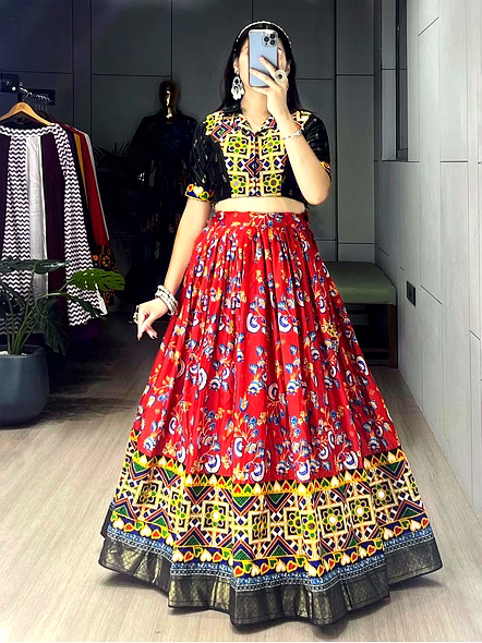 Soft Silk Lehengas with Gamthi Work and Real Mirror-Red-1