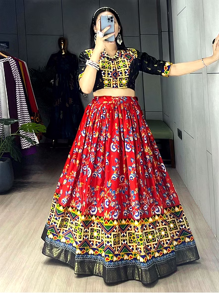 Soft Silk Lehengas with Gamthi Work and Real Mirror-Red-3