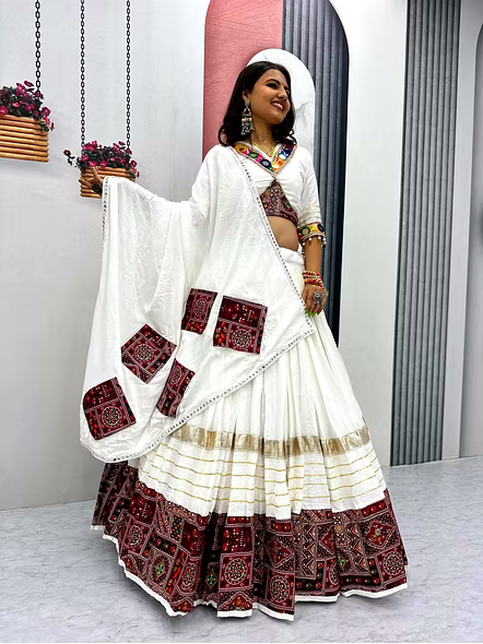 Navratri Special Pure Cotton Lehenga Choli-White-M