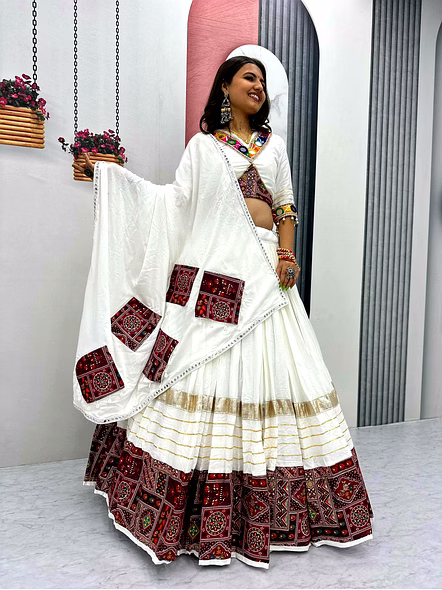 Navratri Special Pure Cotton Lehenga Choli-White-XL-1