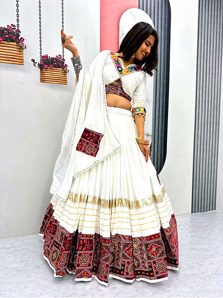 Navratri Special Pure Cotton Lehenga Choli-White-XL-3