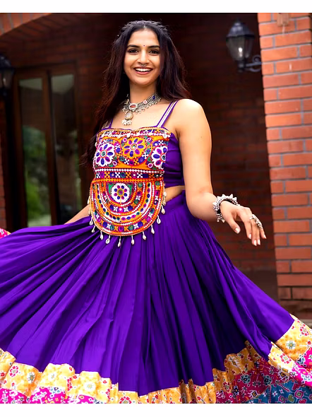Pure Rayon Cotton Lehenga with Kutchi Work-Purple