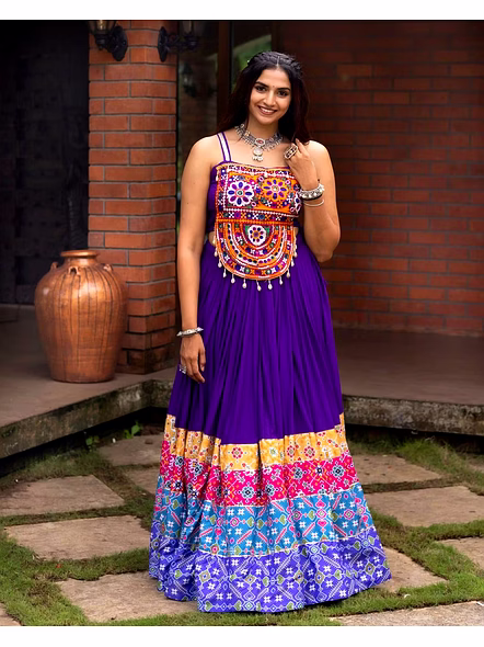 Pure Rayon Cotton Lehenga with Kutchi Work-Purple-3