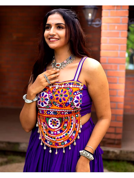 Pure Rayon Cotton Lehenga with Kutchi Work-Purple-4