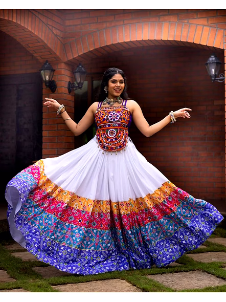 Pure Rayon Cotton Lehenga with Kutchi Work-White-1