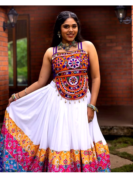 Pure Rayon Cotton Lehenga with Kutchi Work-White-3