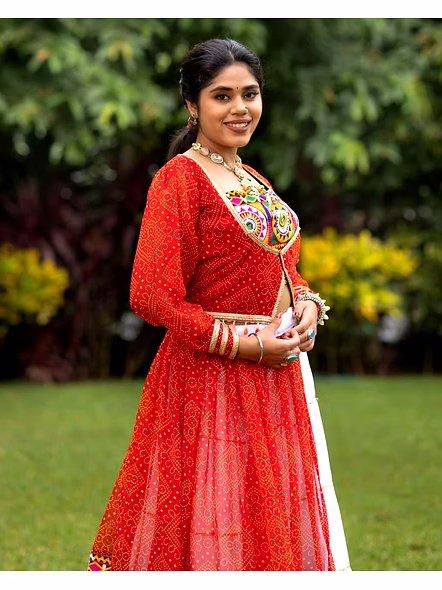 Pure Rayon Cotton Lehenga Koti with Intricate Mirror Work-Red-5