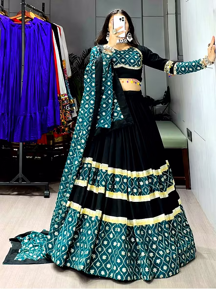 Pure Rayon Cotton Navratri Lehenga Choli-Blue-2