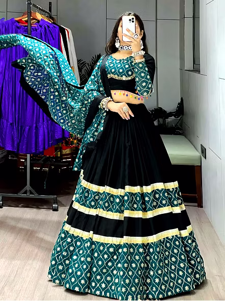 Pure Rayon Cotton Navratri Lehenga Choli-Blue-3