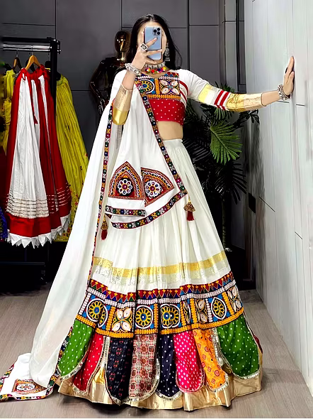 Pure Rayon Cotton Navratri Lehenga Choli-White