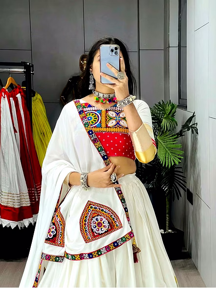 Pure Rayon Cotton Navratri Lehenga Choli-White-3