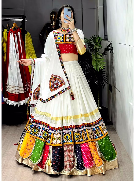 Pure Rayon Cotton Navratri Lehenga Choli-White-4