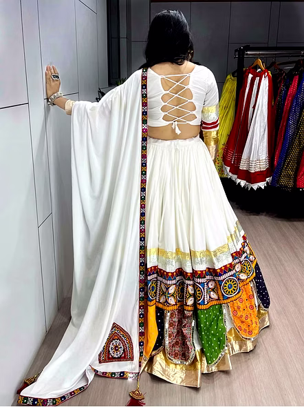 Pure Rayon Cotton Navratri Lehenga Choli-White-5