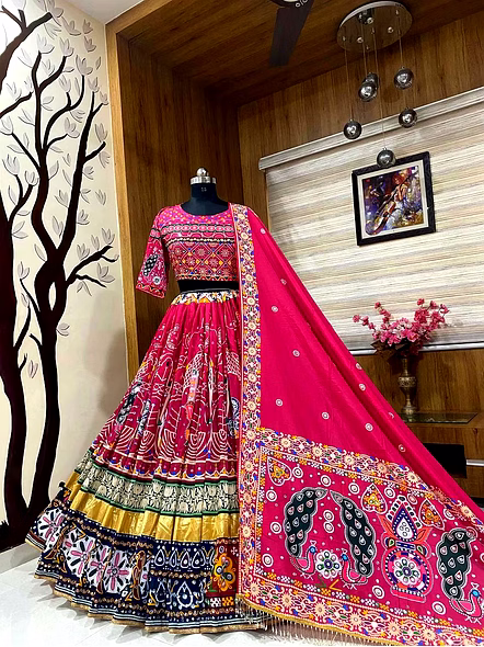 Navratri Heavy Muslin Cotton Digital Printed Lehenga Choli-Pink-5