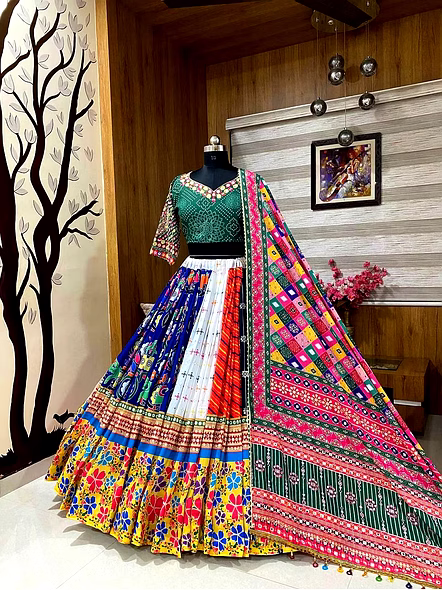 Multi-Color Muslin Cotton Lehenga Choli with Mirror Work-Blue-5