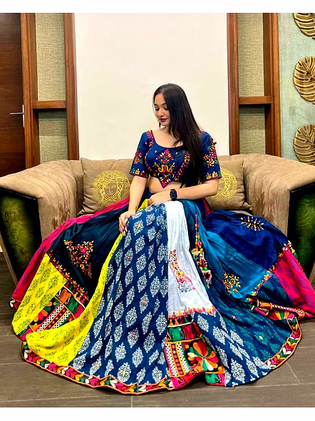 Designer Cotton Navratri Lehenga Choli Set-Blue-3