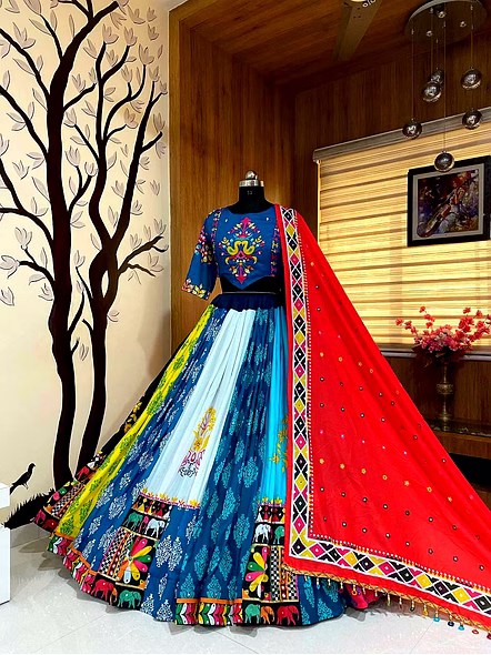 Designer Cotton Navratri Lehenga Choli Set-Blue-4