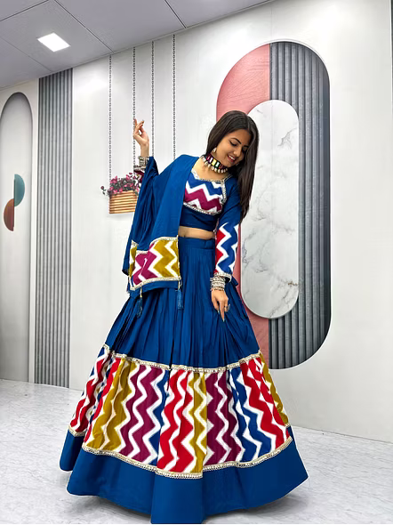 Navratri Special Pure Cotton Lehenga Choli-Cyan-M-2