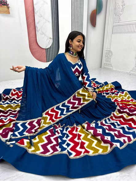 Navratri Special Pure Cotton Lehenga Choli-Cyan-M-5