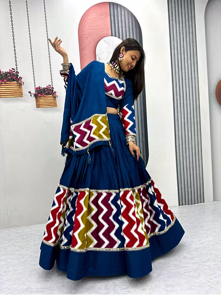 Navratri Special Pure Cotton Lehenga Choli-Cyan-M