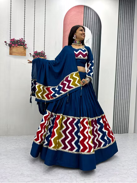 Navratri Special Pure Cotton Lehenga Choli-Cyan-M-3