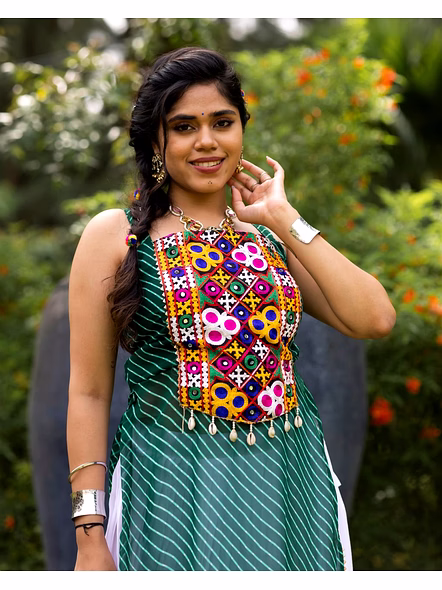 Stylish Mirror Work Navratri Lehenga Choli with Jacket-Green-5