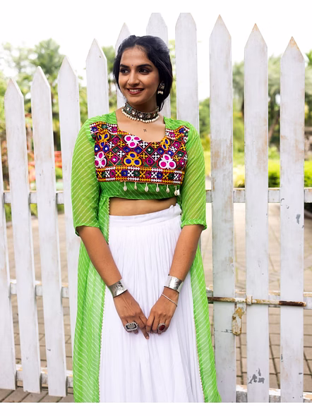 Stylish Mirror Work Navratri Lehenga Choli with Jacket-Green-4