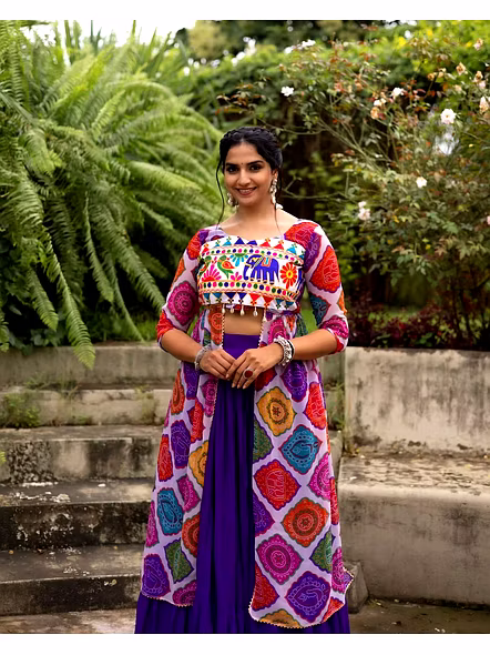 Purple Cotton Navratri Lehenga Choli With Gamthi Work-Purple