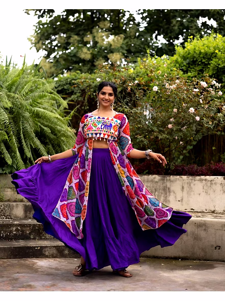 Purple Cotton Navratri Lehenga Choli With Gamthi Work-Purple-2