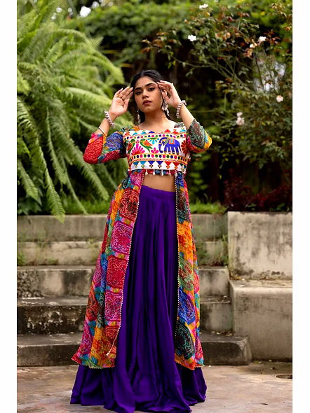 Purple Cotton Navratri Lehenga Choli With Gamthi Work-Purple-5