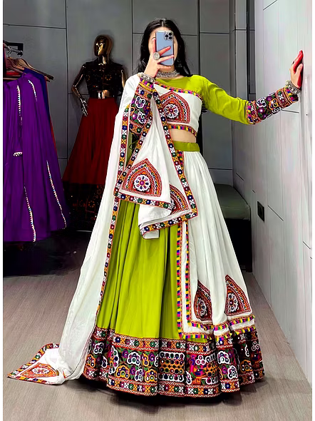 Pure Rayon Cotton Navratri Lehenga Choli With Gamthi Work-Green Leaf