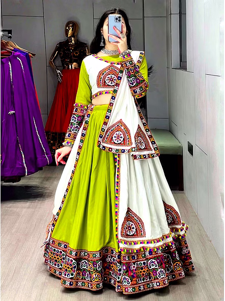 Pure Rayon Cotton Navratri Lehenga Choli With Gamthi Work-Green Leaf-3