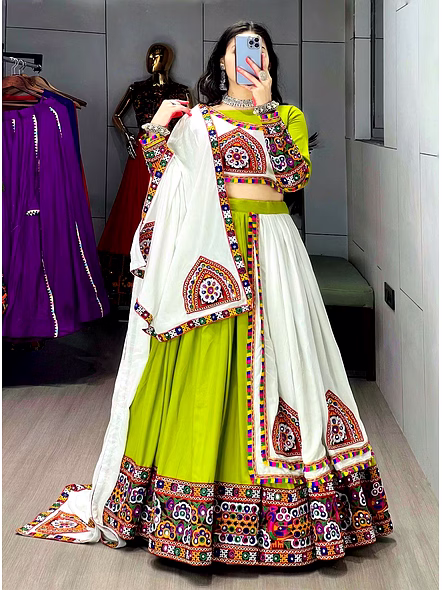 Pure Rayon Cotton Navratri Lehenga Choli With Gamthi Work-Green Leaf-4
