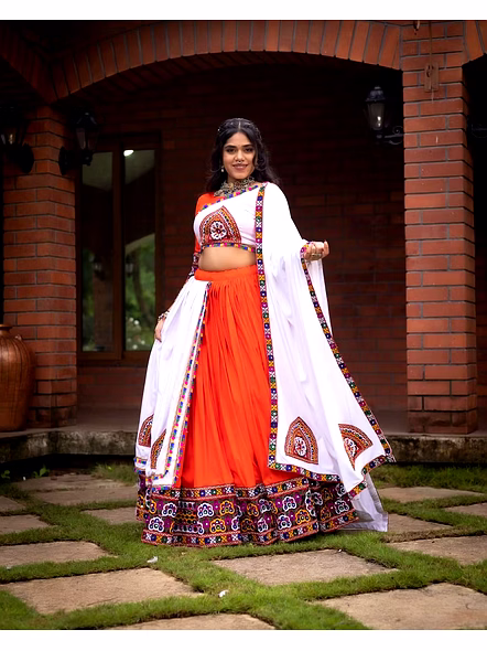 Pure Rayon Cotton Navratri Lehenga Choli With Gamthi Work-Orange-1