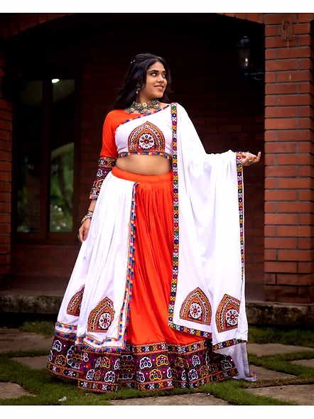 Pure Rayon Cotton Navratri Lehenga Choli With Gamthi Work-Orange-2