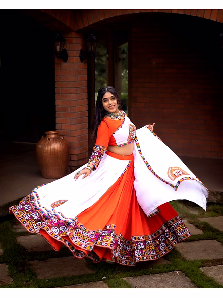 Pure Rayon Cotton Navratri Lehenga Choli With Gamthi Work-Orange-4