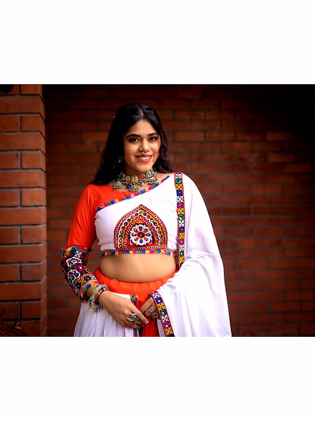 Pure Rayon Cotton Navratri Lehenga Choli With Gamthi Work-Orange-5