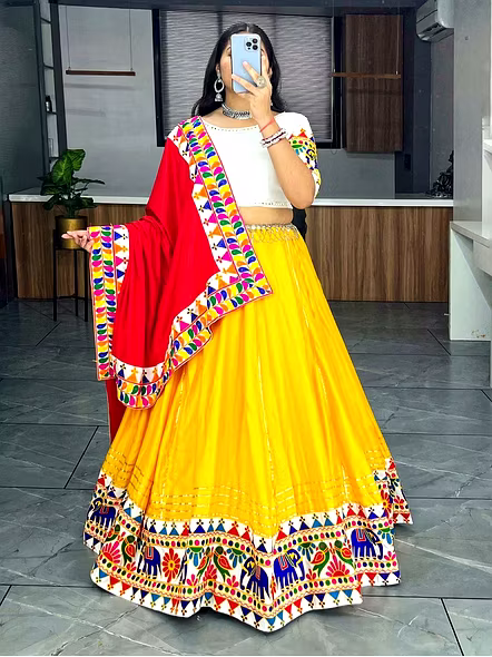 Yellow Cotton Lehenga with Gamathi Work