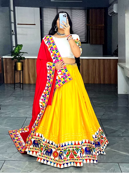 Yellow Cotton Lehenga with Gamathi Work-Yellow-3