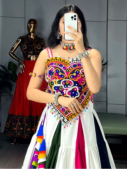 White Gamathi Work Cotton Navratri Lehenga Choli-White