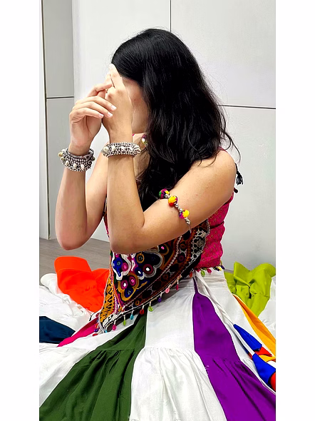 White Gamathi Work Cotton Navratri Lehenga Choli-White-4