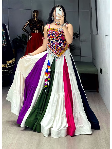 White Gamathi Work Cotton Navratri Lehenga Choli-White-5