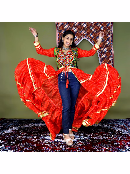 Trendy Kutchi Embroidered Blouse and Shrug for Navratri Festivities-Orange-1