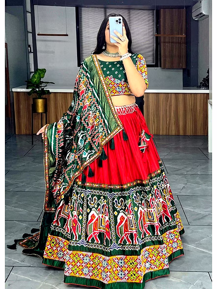 Red Printed Patola Lehenga Set-Red-1