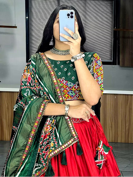 Red Printed Patola Lehenga Set-Red-2