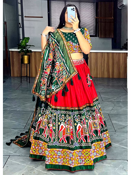 Red Printed Patola Lehenga Set-Red-3