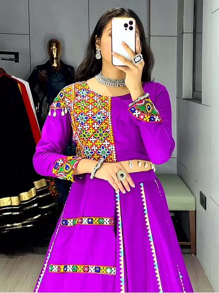 Purple Color Rayon Pure Cotton Lehenga Choli with Gamthi Work-Purple-1