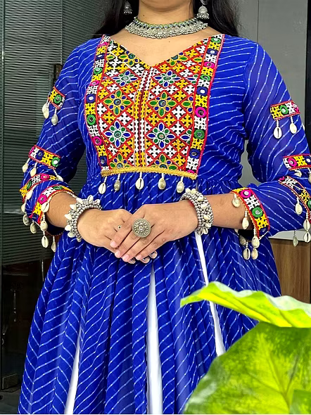 Leheriya Print Navratri Kurti-Blue-2